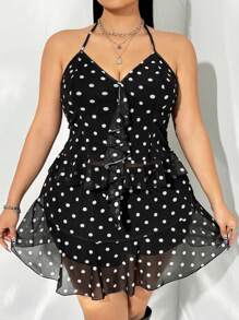 SHEIN ICON Plus Size Polka Dot Print Halterneck Vest And Mesh Polka Dot Skirt Set - Black and White - View 2