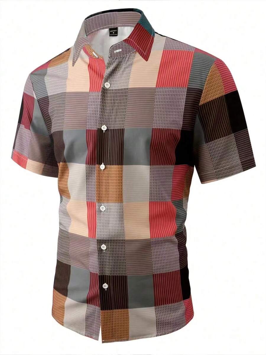 Manfinity Homme Áo sơ mi nam tay ngắn kẻ sọc thường ngày, mùa hè - Nhiều màu - Xem 1