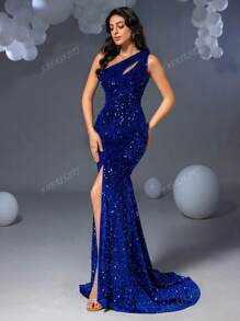 Faeriesty Elegante y glamoroso vestido de noche con un hombro con lentejuelas y abertura - Perfecto para eventos de alfombra roja, bodas de lujo, inauguraciones de galerías de arte y galas de moda de medianoche