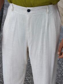Manfinity Homme Men's Solid Color Pleated Pocket Straight Leg Casual White Linen Pants - Beige - View 5