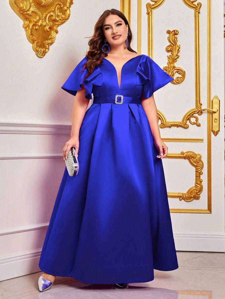 大碼荷葉邊腰帶緞面連衣裙 - 寶藍色 - 查看 1