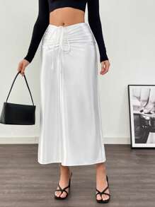 SHEIN Unity Women's Drawstring Pleated Casual Daily Wear Skirt Fall Cloth For Women - White - View 5