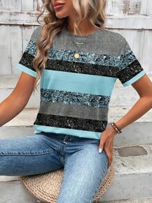 EMERY ROSE Women Casual Glitter Stripe Pattern T-Shirt, Suitable For Summer - Blue - View 4