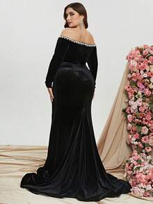 Faeriesty 黑色露肩高开衩丝绒礼服，优雅长袖长裙，适合舞会、宴会、婚礼宾客、毕业典礼、晚宴及其他场合。 - 黑色 - 查看 2