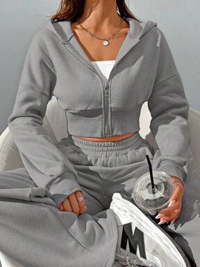 SHEIN EZwear Tuta da donna primaverile composta da felpa con cappuccio e chiusura lampo davanti e pantaloni, set di 2 pezzi di colore rosa alla moda