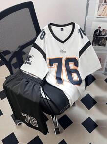 Manfinity LEGND Manfinity LEGND Plus Size Men's Casual Numeric Graphic V-Neck Short Sleeve T-Shirt Basketball Shirt And Shorts Set, Summer Back To School, Color Block, Going Out, Back To School Clothes