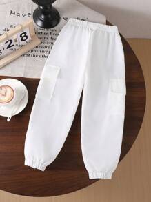 SHEIN 年轻女孩纯色松紧腰工装口袋哈伦宽松裤 - 白色 - 查看 2