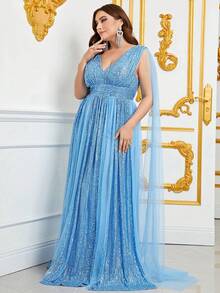 Faeriesty Đầm dạ hội cỡ lớn dành cho nữ, cổ chữ V sâu, tay áo choàng đính sequin, đuôi váy sang trọng - Hoàn hảo cho các buổi dạ tiệc thắt cà vạt đen, sự kiện thảm đỏ, tiệc cưới, tiệc chiêu đãi trang trọng và chụp ảnh cưới. - Màu xanh bạc hà - Xem 5