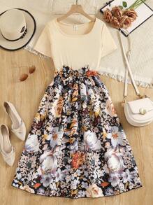 少女花卉印花长裙，优雅 - 杏色 - 查看 1