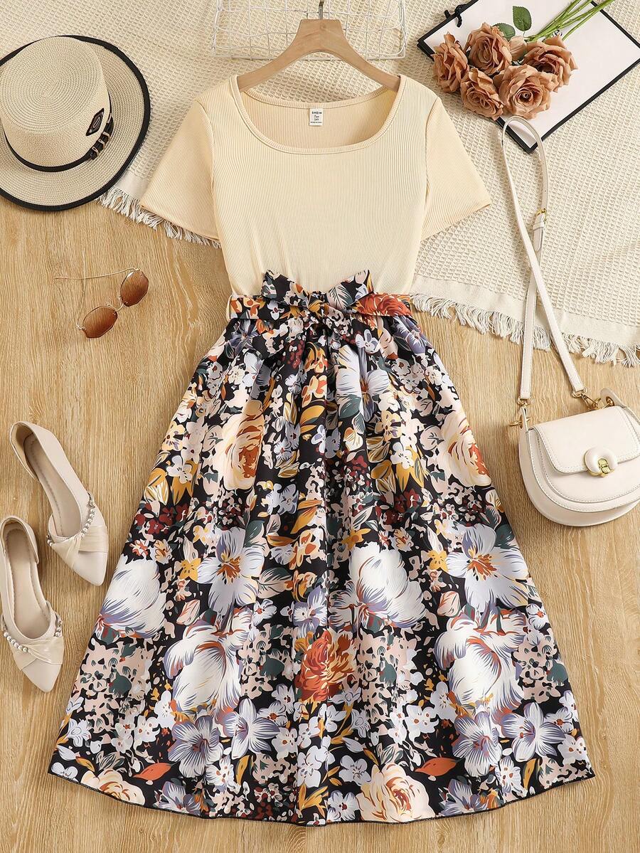 少女花卉印花长裙，优雅 - 杏色 - 查看 1