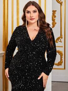 Plus Mermaid Hem Sequin Formal Dress Black Elegant Long Sleeve Prom Evening Wedding Guest Gown, For Graduation, Dinner Party Dress