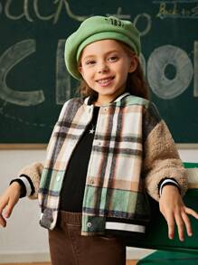 SHEIN Explorewe Chaqueta de forro polar con estampado a cuadros de parche sherpa para niña pequeña, ajuste regular, abrigo acolchado cálido con ribete de canalé - Multicolor - Ver 1