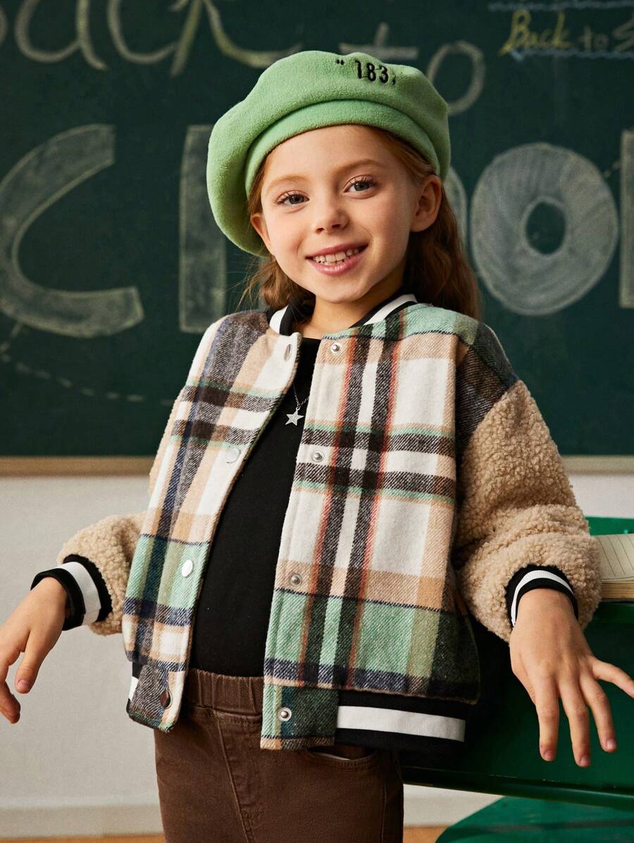 SHEIN Explorewe Chaqueta de forro polar con estampado a cuadros de parche sherpa para niña pequeña, ajuste regular, abrigo acolchado cálido con ribete de canalé - Multicolor - Ver 1