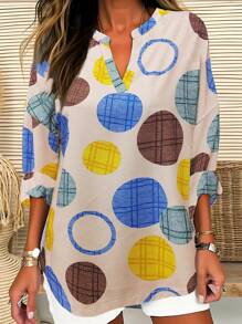 SHEIN LUNE 假日休閒H型剪裁全印花圓點衬衫，有翻領 - 卡其色 - 查看 1