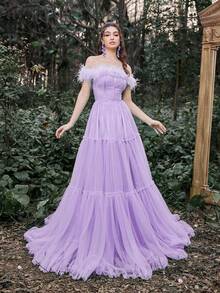 Faeriesty Luxe Gorgeous Off Shoulder Mesh Overlay Maxi Prom Dress - Purple - View 6