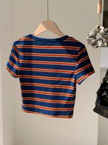 Comfortcana Plus Size Women Colorful Striped Round Neck Short Sleeve T-Shirt, Summer - Multicolor - View 2
