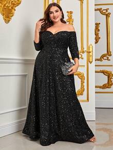 Faeriesty Plus Off Shoulder Sequin Formal Dress Black Elegant Prom Evening Wedding Guest Gown, For Graduation, Dinner Party Dress - 黑色 - 查看 3