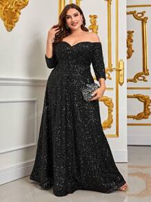 Faeriesty Plus Off Shoulder Sequin Formal Dress Black Elegant Prom Evening Wedding Guest Gown, For Graduation, Dinner Party Dress
