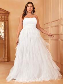 Faeriesty Plus Elegant Strapless Formal Wedding Dress With Ruched Bodice & Cascading Tulle For Romantic Celebrations, Bridal & Evening Banquets - White - View 5