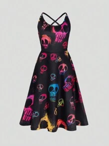 Vestido sin mangas con estampado de calavera colorida y cruzado en los tirantes para mujer - Negro - Ver 3