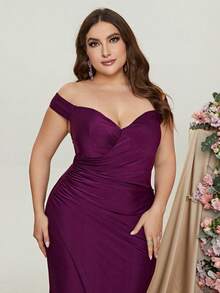 Plus Đầm trễ vai xếp nếp xẻ đùi Đầm dự tiệc Đầm dự tiệc Đầm phù dâu thanh lịch cong - Màu tím - Xem 3