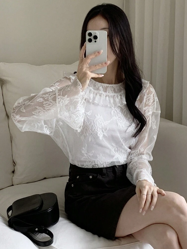 Women's Lace Flounce Hem Loose Long Sleeve Blouse, Spring/Summer