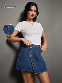 WESTFADE 优质棉质牛仔裹身迷你裙 - 藍色 - 查看 5