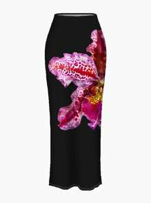 SHEIN EZwear Luźna, elegancka, dopasowana spódnica maxi z dużym kwiatowym nadrukiem dla kobiet, odpowiednia na lato