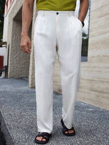 Manfinity Homme Men's Solid Color Pleated Pocket Straight Leg Casual White Linen Pants - Beige - View 1