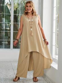 EMERY ROSE 2 pièces Ensemble Top et pantalon décontracté avec encolure ronde sans manches et bas asymétrique, grande taille - Kaki - Voir 7