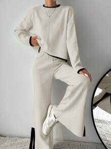 EURMUSE À Bordure Contrastante Épaule tombante Pull & Fendu En Tricot Pantalon