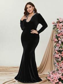 Faeriesty 大碼水鑽細節魚尾裙下擺絲絨伴娘連衣裙 - 黑色 - 查看 1