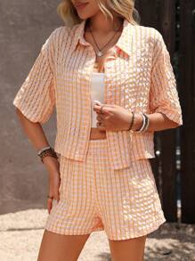 SHEIN LUNE 女士格子落肩宽松衬衫和短裤休闲两件套，夏季 - 黃色 - 查看 3