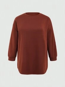 SHEIN Slayr Plus Size Women Plain Minimalist Daily Wear Crew Neck Sweatshirt - Brown - View 3