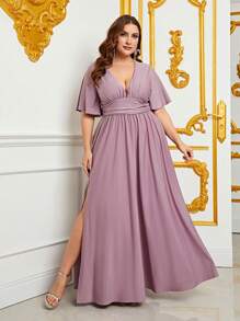 Plus Plunge Neck Butterfly Sleeve Split Thigh Dress - Mauve Purple - View 4