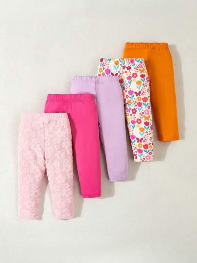 SHEIN Playful Pals 5pcs/Set Baby Girls' Cartoon Print Floral Leggings, Multi-Color Stretchy Pants Set, Spring, Summer, Autumn, Suitable For Casual, Home & Outdoor Wear
