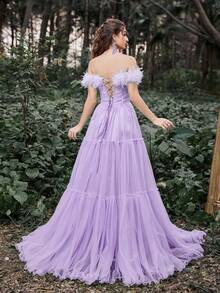 Faeriesty Luxe Gorgeous Off Shoulder Mesh Overlay Maxi Prom Dress - Purple - View 2