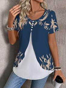 Camiseta 2 en 1 de manga corta con estampado de hojas para mujer - Multicolor - Ver 4