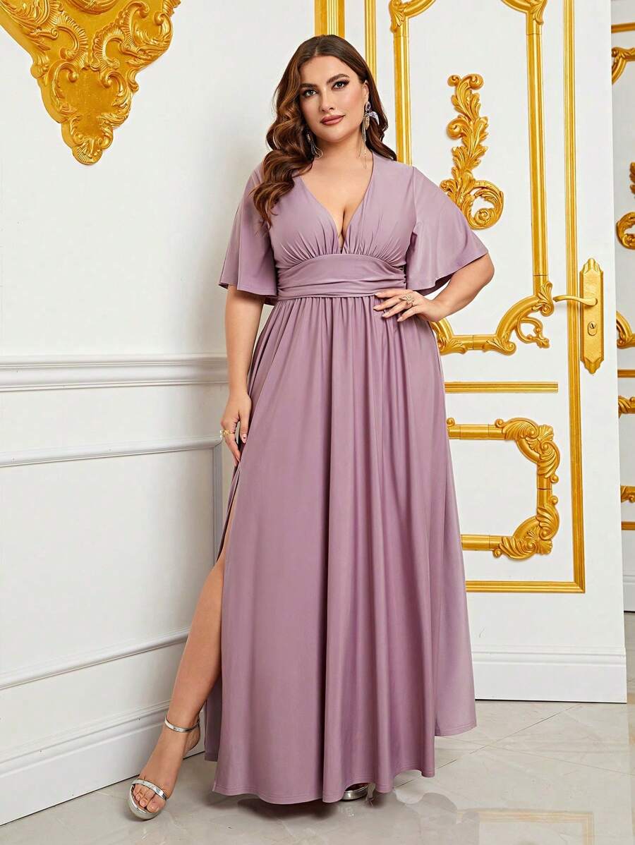Plus Plunge Neck Butterfly Sleeve Split Thigh Dress - Mauve Purple - View 1