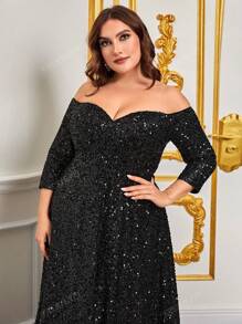 Faeriesty Plus Off Shoulder Sequin Formal Dress Black Elegant Prom Evening Wedding Guest Gown, For Graduation, Dinner Party Dress