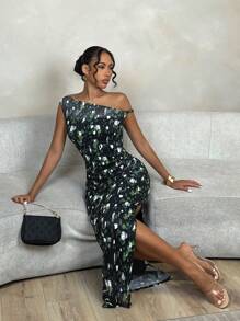 Allurite Women's Asymmetrical Neck Leopard Print Twisted Front Slit Elegant Dress With Waist Belt  Long Floral Dress Bachelorette Dress