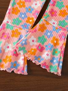SHEIN Set de 2 piezas para niñas jóvenes con top casual con estampado de flores y pantalones acampanados - Multicolor - Ver 7