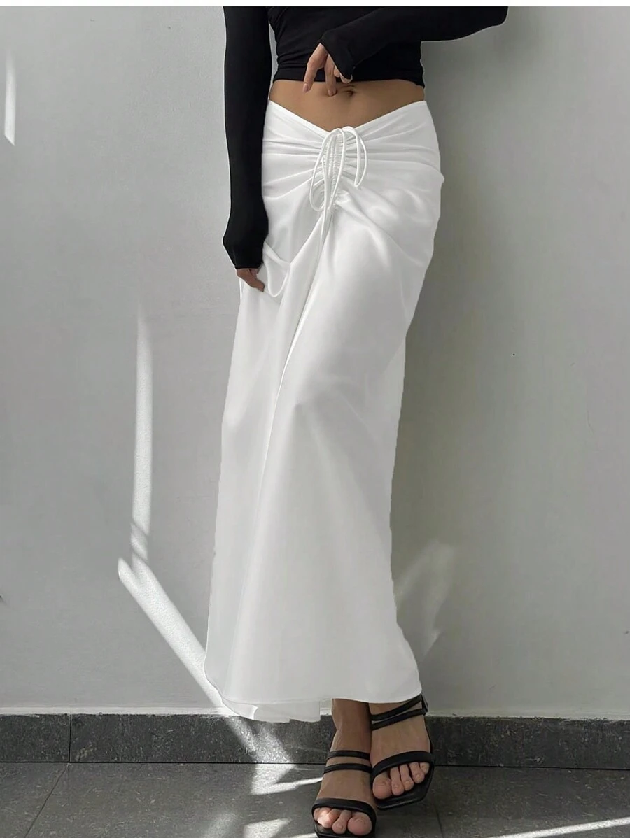 SHEIN Unity Women's Drawstring Pleated Casual Daily Wear Skirt Fall Cloth For Women - White - View 1