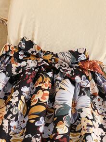 少女花卉印花长裙，优雅 - 杏色 - 查看 6