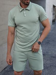 Manfinity CasualCool Plaid Textured Single Breasted Short Sleeve Polo Shirt And Shorts Set, Summer - Green - View 3