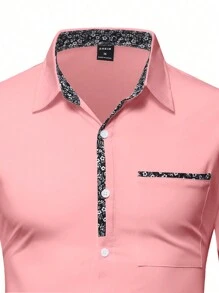 Manfinity Mode Men's Fashionable Casual Printed Patchwork Long Sleeve Shirt, Fall, Pink - Pink - View 5