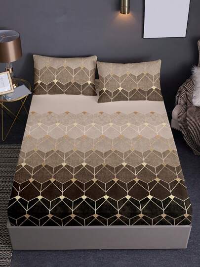 3 件几何图案床笠套装、床上用品、床笠、床垫套、枕套、柔软舒适的卧室床上用品，可机洗