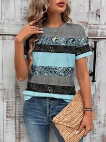 EMERY ROSE Women Casual Glitter Stripe Pattern T-Shirt, Suitable For Summer - Blue - View 6