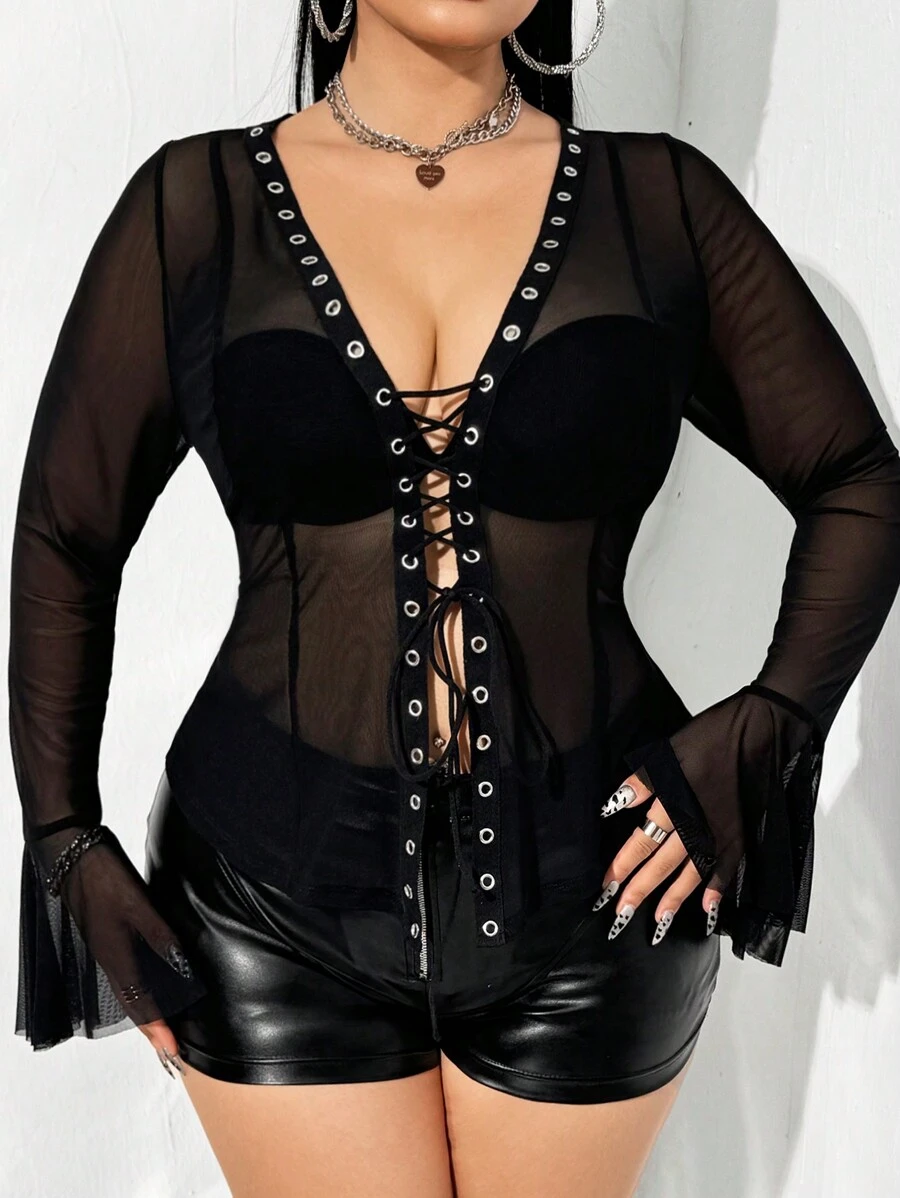 SHEIN ICON Plus Size Sheer Mesh Eyelet Binding Decor See-Through Top - Black - View 1