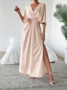 Chiquease Women's Solid Color 3d Flower Decorated Batwing Sleeve Dress With Side Slit - Apricot - View 1